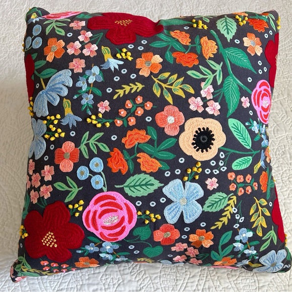 Anthropologie Rifle Paper Co. x Loloi Embroidered Wild Roses Pillow Cover- Black